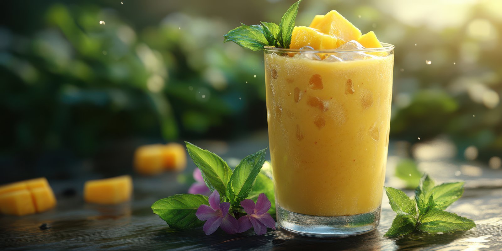 Refreshing mango beverage with ice and mint leaves in a serene outdoor setting during golden hour
